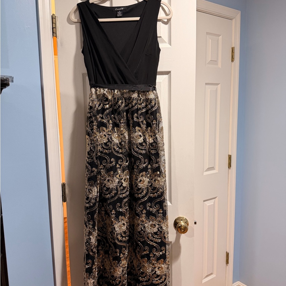 Candela Black & Gold Embroidered Formal Dress Size Small Elegant Evening Party